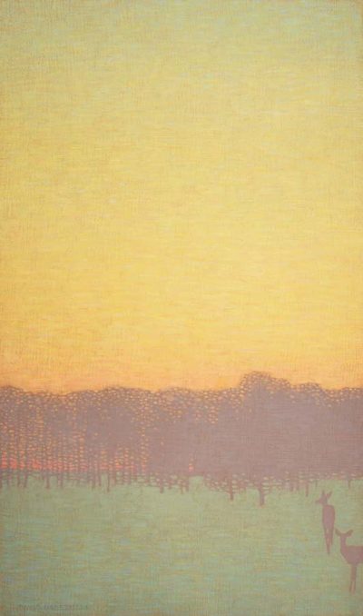 Two Deer with Yellow Sky by David Grossmann