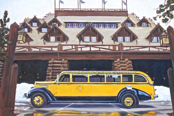 Yellowstone Bus at Old Faithful Inn by Dennis Ziemienski
